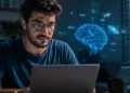Homem utilizando notebook enquanto analisa recursos de inteligência artificial em ambiente tecnológico