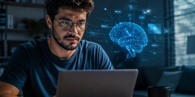 Homem utilizando notebook enquanto analisa recursos de inteligência artificial em ambiente tecnológico