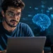 Homem utilizando notebook enquanto analisa recursos de inteligência artificial em ambiente tecnológico