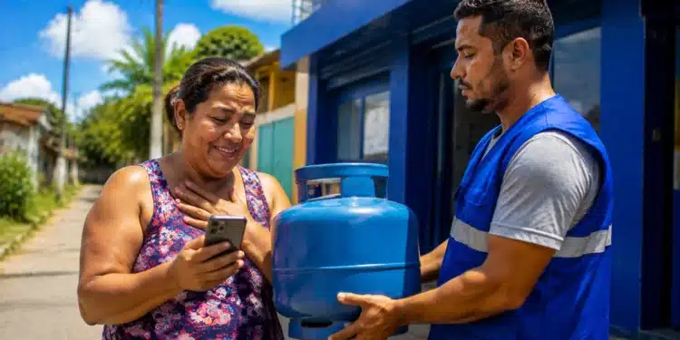 Mulher segura celular enquanto recebe botijão de gás, representando a liberação do vale-recarga do Gás do Povo.