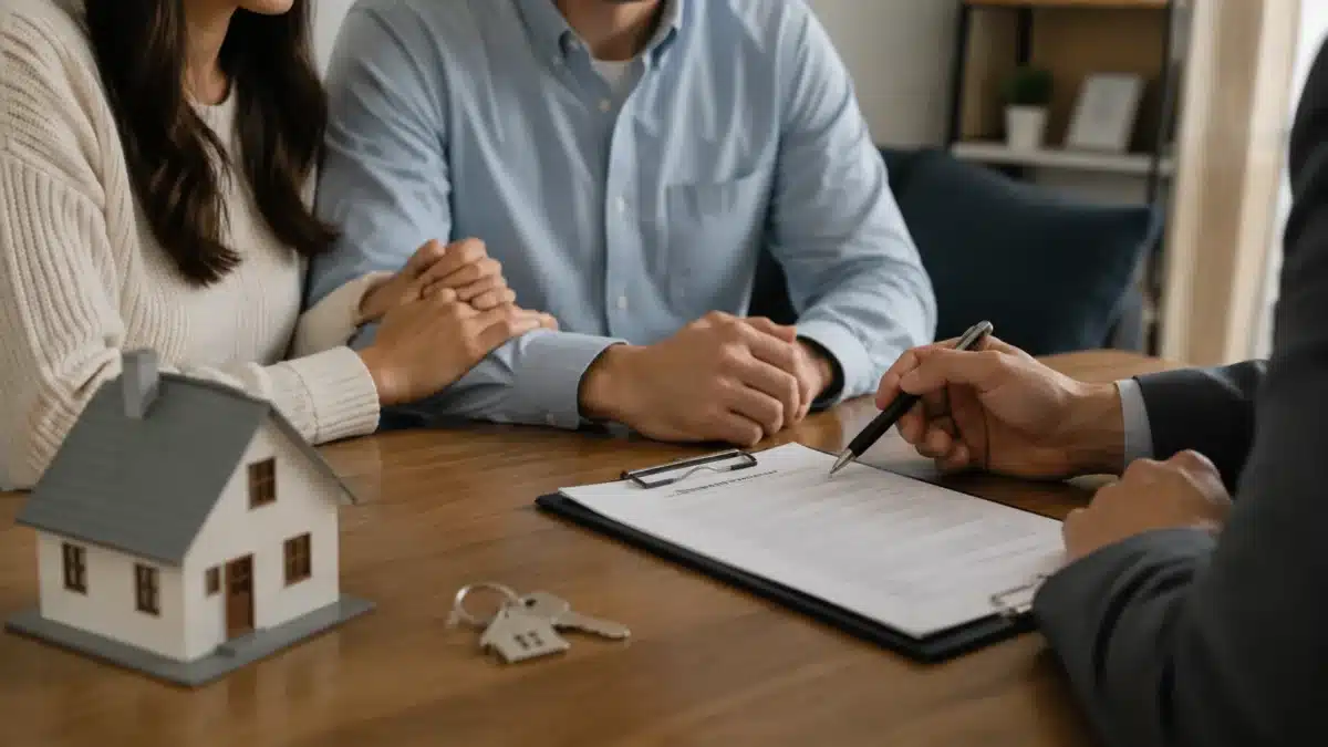 Casal analisando contrato de locação com corretor imobiliário durante definição de regras do aluguel consignado e limite de desconto