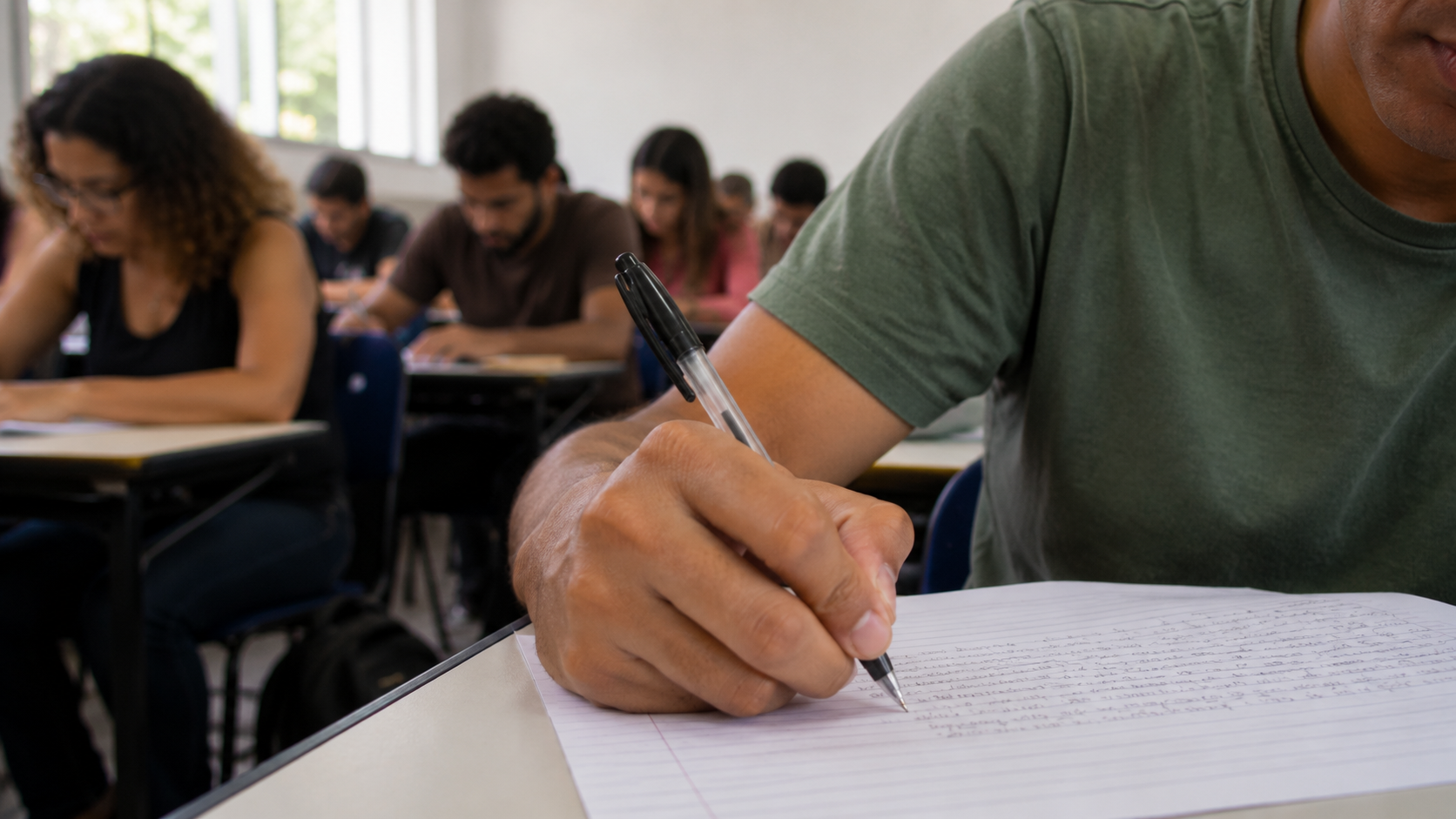 Candidato escrevendo redação durante prova de concurso público, com outros participantes ao fundo.