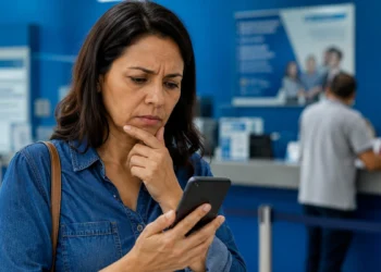 Mulher consulta celular em unidade de atendimento presencial do GOV.BR