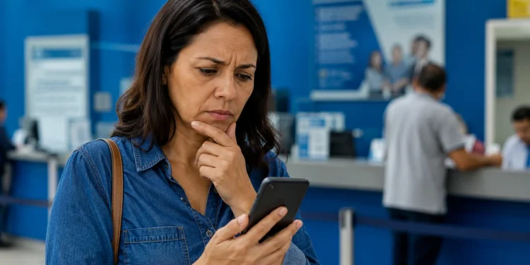 Mulher consulta celular em unidade de atendimento presencial do GOV.BR