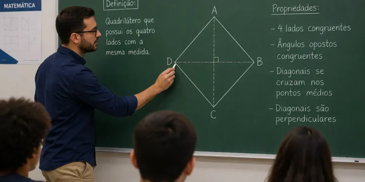 Professor explica o formato de um losango durante aula de matemática.