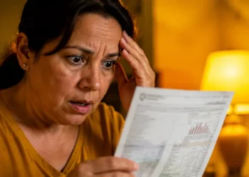 Consumidora analisa conta de luz com preocupação, representando o anúncio da manutenção da bandeira amarela em setembro.