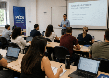 Estudantes participando de aula de mestrado profissional em universidade.