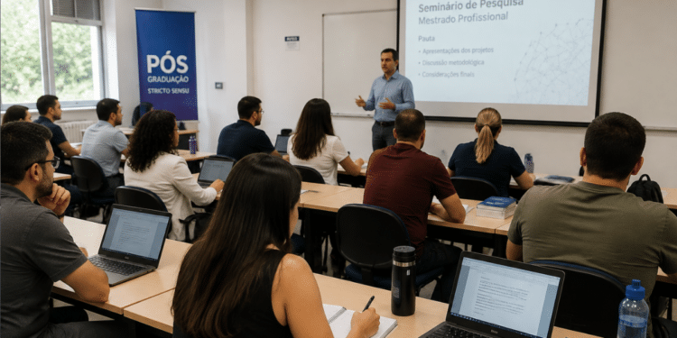 Estudantes participando de aula de mestrado profissional em universidade.