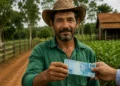 Agricultor segura cédula de R$ 100 em propriedade rural, ilustrando o acesso ao microcrédito de até R$ 15 mil para produtores.