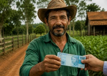 Agricultor segura cédula de R$ 100 em propriedade rural, ilustrando o acesso ao microcrédito de até R$ 15 mil para produtores.