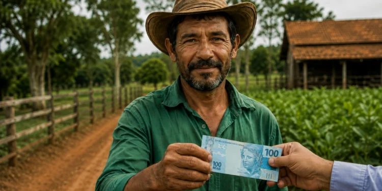 Agricultor segura cédula de R$ 100 em propriedade rural, ilustrando o acesso ao microcrédito de até R$ 15 mil para produtores.