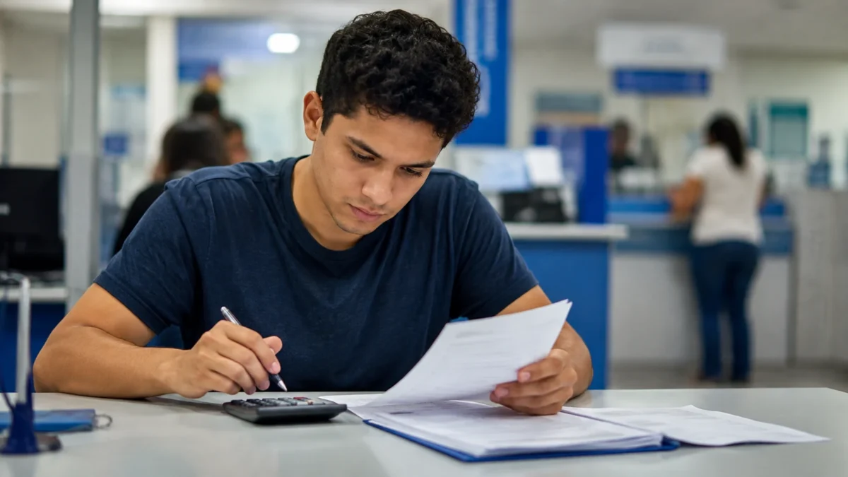 Jovem estudante analisa documentos e faz cálculos, representando as modalidades de contribuição facultativa ao INSS.