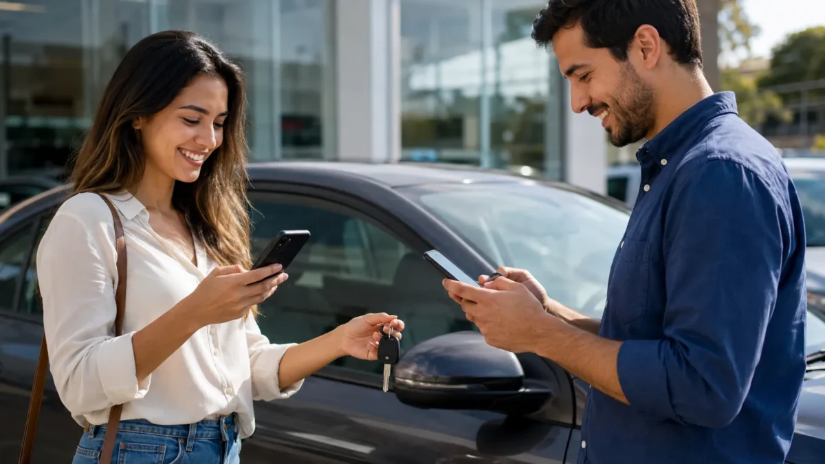 Transferência eletrônica de veículo realizada por comprador e vendedor usando celular durante negociação