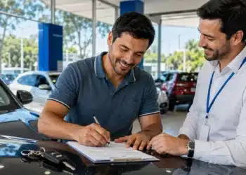 Brasileiro assina contrato de financiamento de veículo em uma concessionária durante o processo de aquisição de um automóvel, representando a contratação pelo programa Move Brasil 2026.