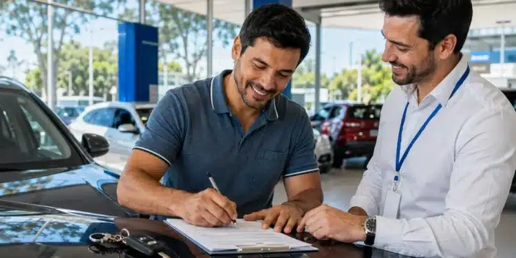 Brasileiro assina contrato de financiamento de veículo em uma concessionária durante o processo de aquisição de um automóvel, representando a contratação pelo programa Move Brasil 2026.