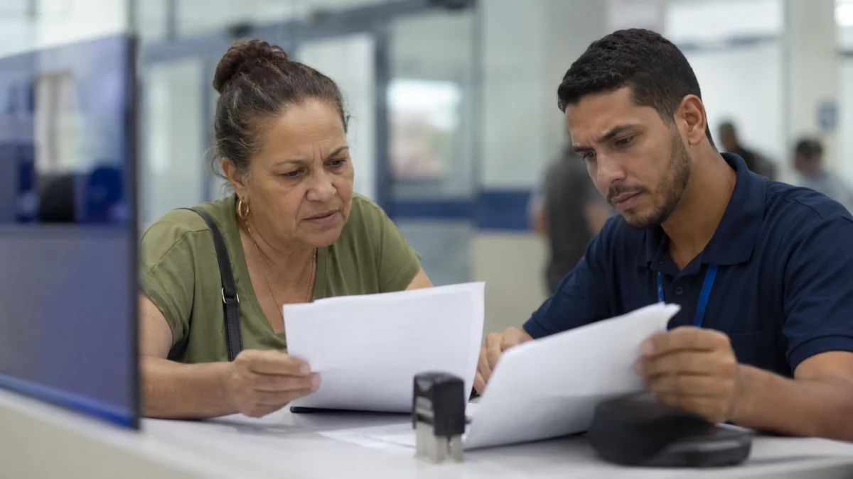 Segurada e atendente analisam documentos durante revisão de pedido de benefício do INSS