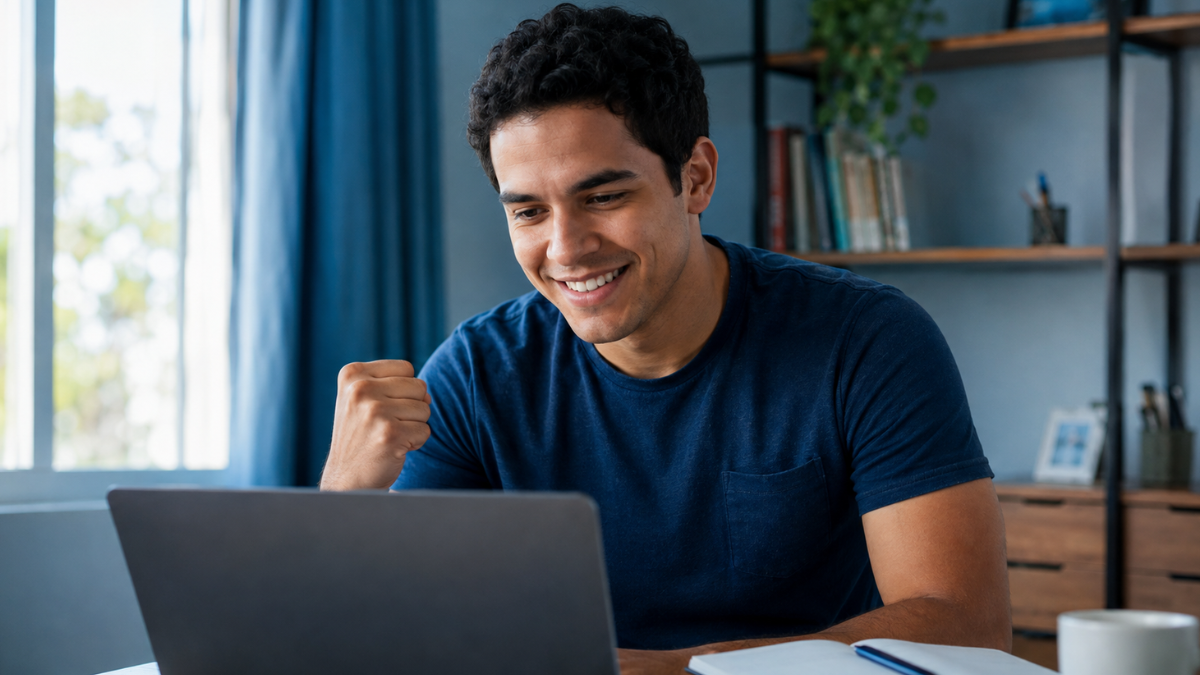 Homem comemora em frente ao notebook após nomeação no Concurso Nacional Unificado.