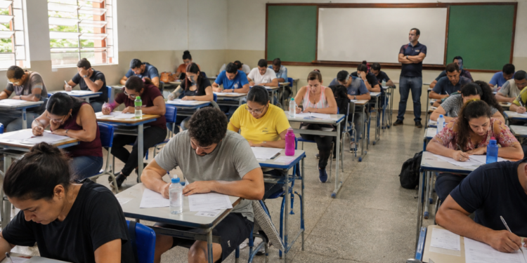 Candidatos realizam prova em sala de aula durante processo seletivo do Concurso Público Nacional Unificado.