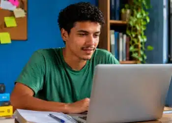 Jovem consulta o resultado da nova chamada do Prouni 2026 pelo notebook em um ambiente de estudos.