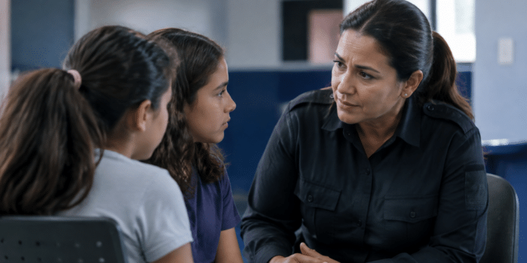 Autoridade policial conversa com crianças em ambiente de proteção e acolhimento sobre medidas de segurança para menores.
