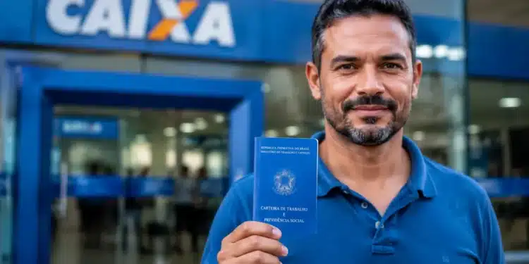 Trabalhador segura carteira de trabalho em frente a uma agência da Caixa Econômica Federal, representando a nova liberação do saque-aniversário do FGTS.