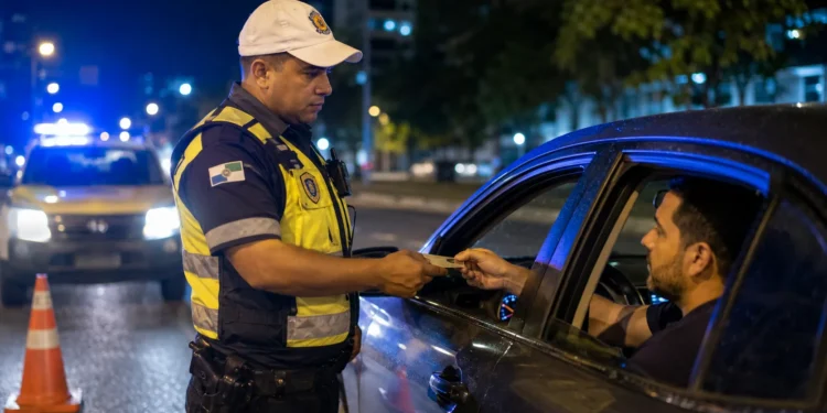 Agente de trânsito aborda motorista durante fiscalização noturna da Lei Seca