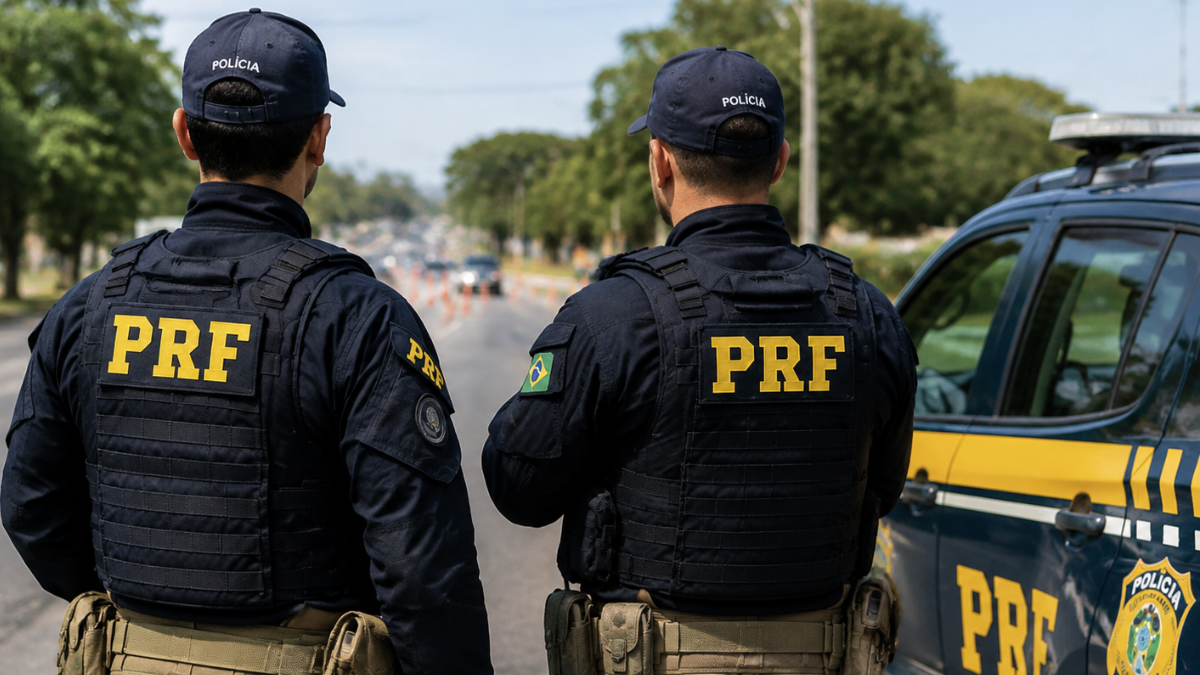 Policiais rodoviários federais ao lado de viatura durante operação da PRF.