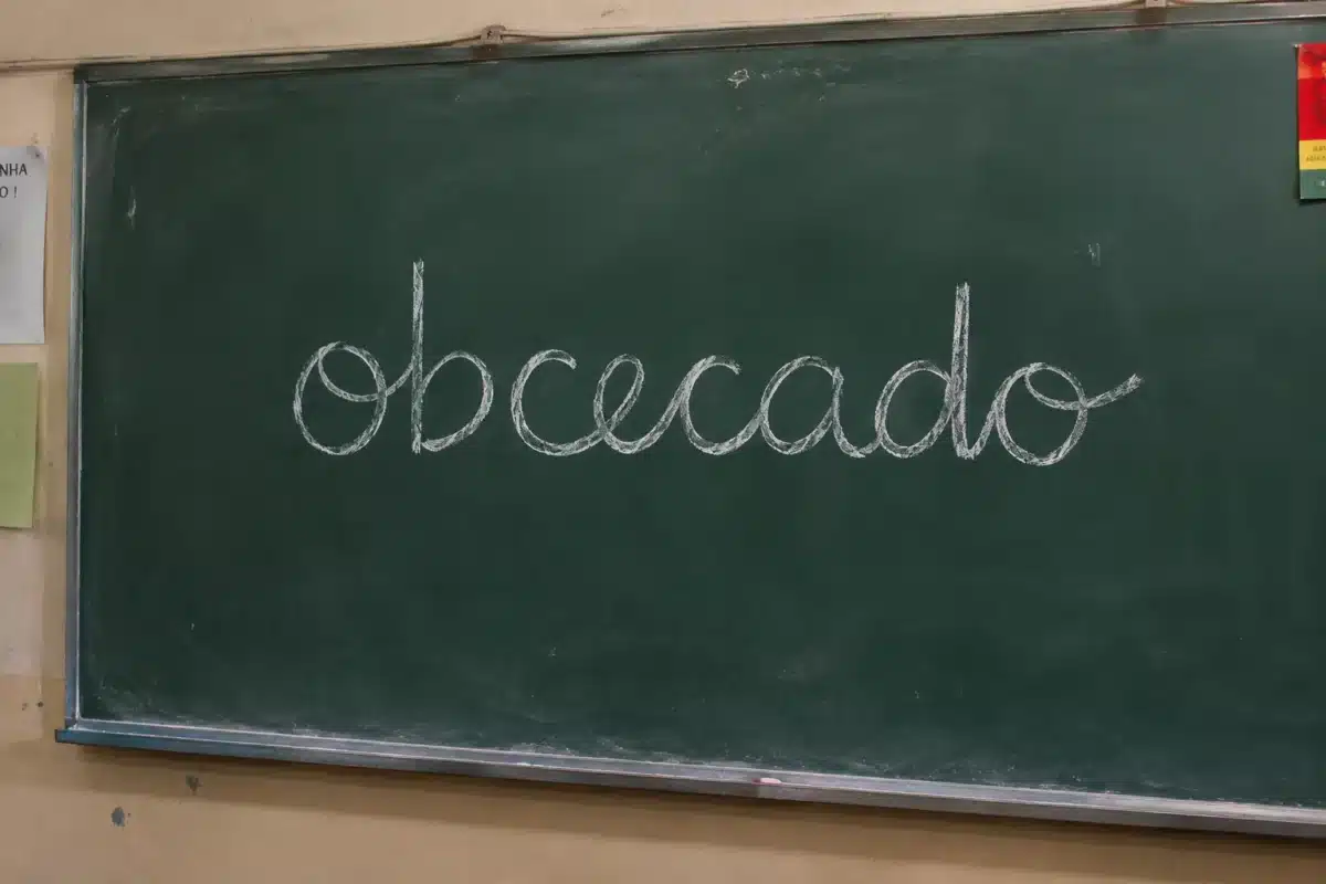 Obcecado e obsessão - Palavras parecidas, significados diferentes Quadro de sala de aula com a palavra “obcecado” escrita em giz, ilustrando a diferença entre os termos “obcecado” e “obsessão”.