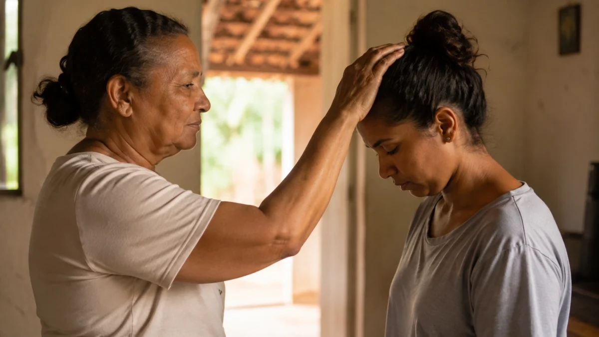 Mulher mais velha realiza gesto de bênção sobre uma jovem, representando o sentido de bendizer e a origem da palavra “bênção”.