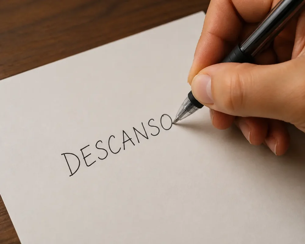 Mão escrevendo a palavra “descanso” em uma folha de papel, representando a origem e a grafia correta do termo.