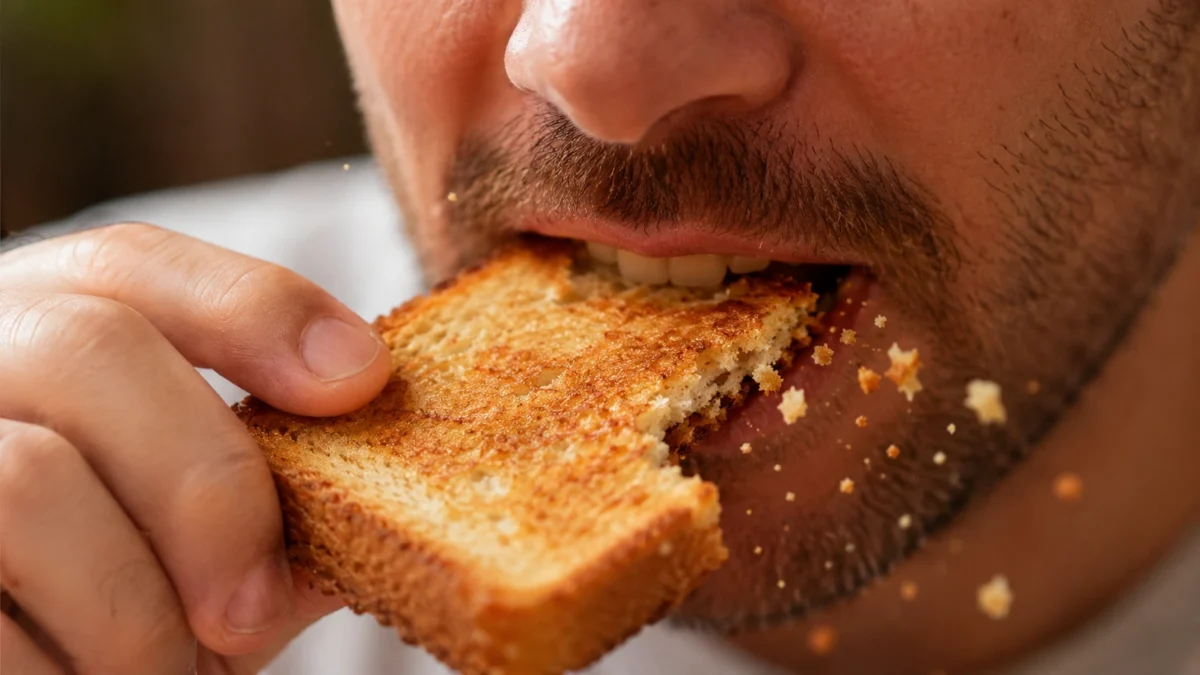 Homem mordendo pão crocante enquanto farelos se soltam durante a mordida