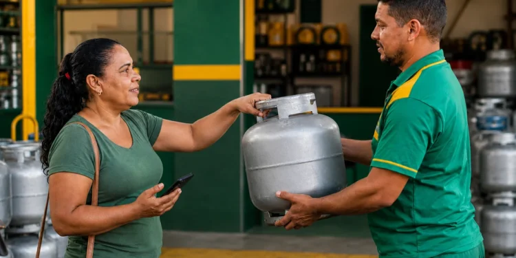 Mulher recebe botijão de gás em revendedora com celular na mão, representando a consulta e o recebimento do benefício Gás do Povo em setembro.