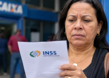 Segurada analisa documento do INSS diante de uma agência bancária, representando a proposta de pagamento em dobro em casos de benefício negado injustamente.