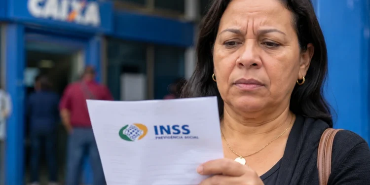 Segurada analisa documento do INSS diante de uma agência bancária, representando a proposta de pagamento em dobro em casos de benefício negado injustamente.