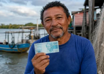 Pescador artesanal segura nota de 100 reais próximo à embarcação, representando o pagamento do segundo lote do seguro-desemprego do INSS.