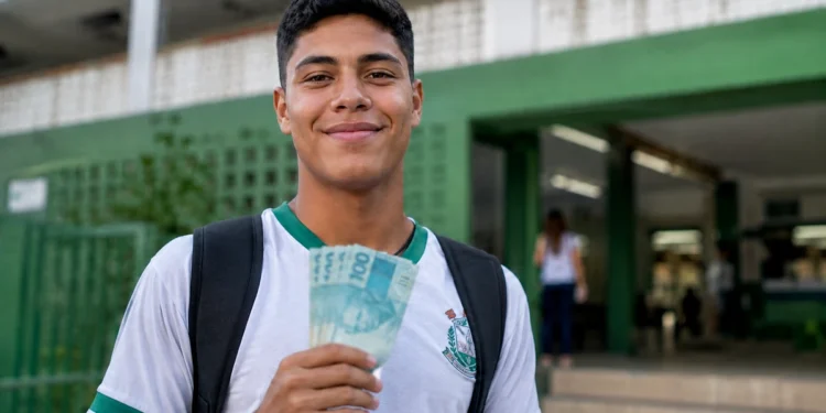 Estudante da EJA segura notas de R$ 100 em frente a uma escola, representando o pagamento do Pé-de-Meia.