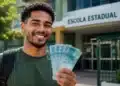 Estudante da EJA sorrindo em frente a uma escola e segurando cédulas, em referência ao pagamento de R$ 1.000 do Pé-de-Meia.