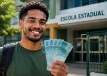 Estudante da EJA sorrindo em frente a uma escola e segurando cédulas, em referência ao pagamento de R$ 1.000 do Pé-de-Meia.