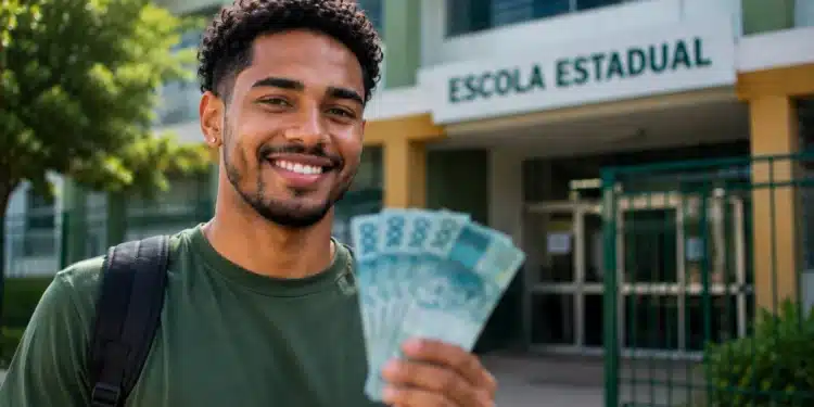 Estudante da EJA sorrindo em frente a uma escola e segurando cédulas, em referência ao pagamento de R$ 1.000 do Pé-de-Meia.