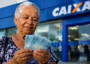 Idosa segura cédulas de real em frente a uma agência da Caixa, representando os pagamentos do INSS de até um salário mínimo em agosto.