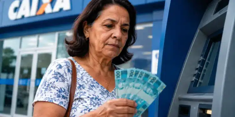 Beneficiária do INSS com notas de dinheiro em frente a um caixa eletrônico da Caixa, representando os pagamentos de agosto para segurados que recebem acima do salário mínimo.