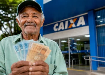 Idoso segura cédulas em frente a uma agência da Caixa, representando os pagamentos do INSS e do BPC em agosto.