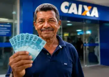 Pessoa segurando cédulas de real em frente a uma agência bancária, representando os pagamentos do INSS de até R$ 8.475,55 em agosto de 2026.