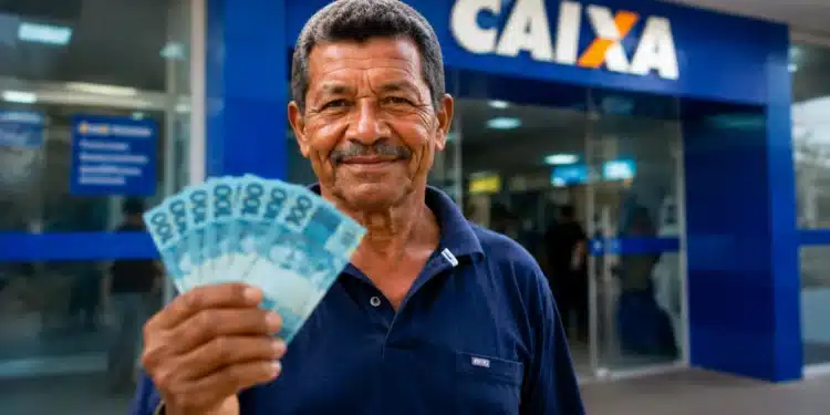 Pessoa segurando cédulas de real em frente a uma agência bancária, representando os pagamentos do INSS de até R$ 8.475,55 em agosto de 2026.