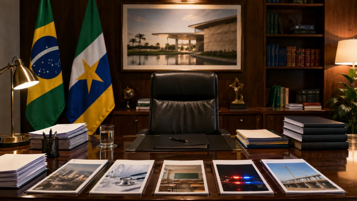 Gabinete oficial de governo estadual com cadeira vazia e documentos sobre a mesa, representando a substituição do governador pelo vice-governador.