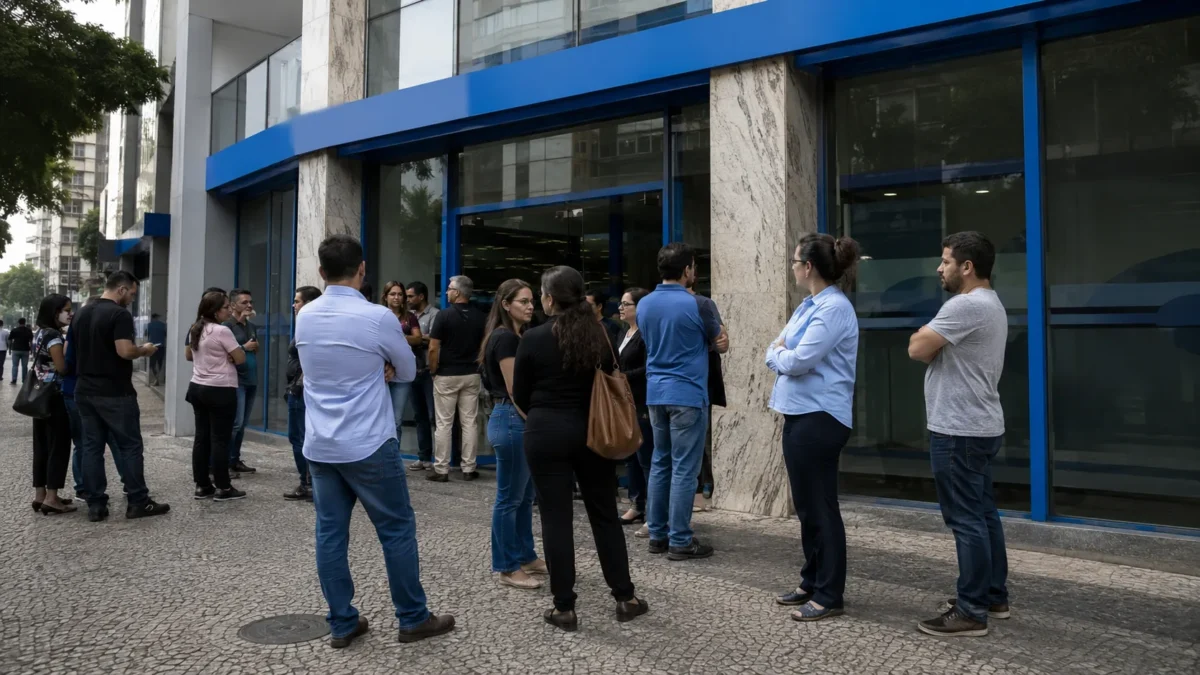 Trabalhadores reunidos em frente a uma agência bancária durante mobilização da categoria.