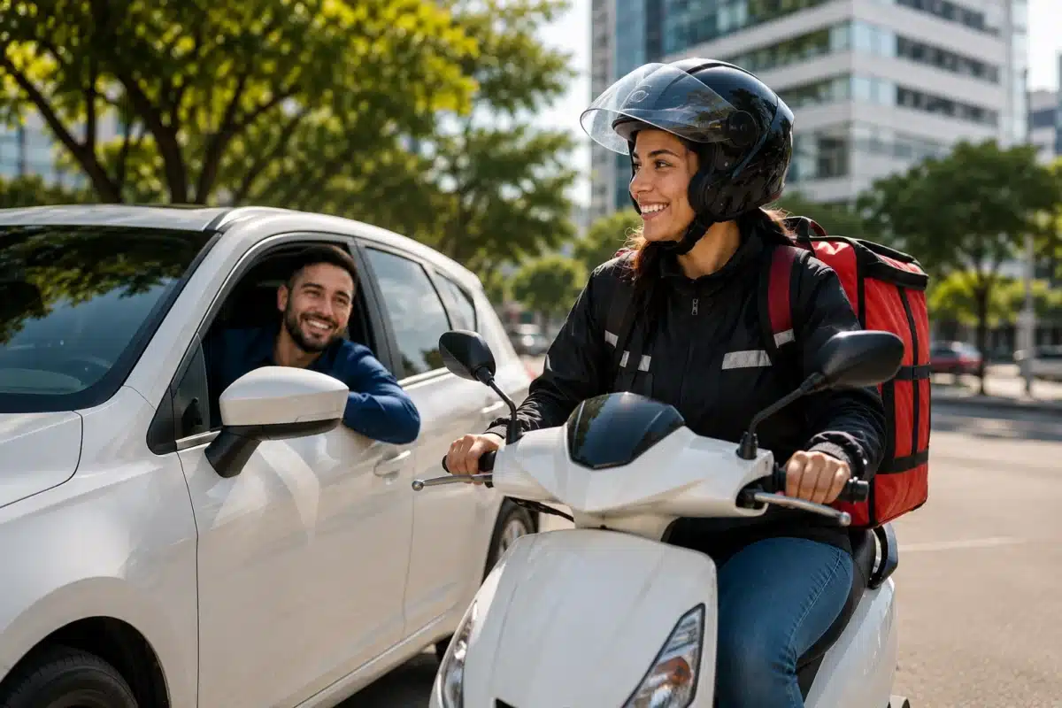 Parcerias e vantagens do Move Brasil 2026 Motorista de aplicativo conversa com entregadora de moto em uma via urbana, representando as parcerias do Move Brasil 2026.