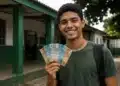 Estudante da EJA segura cédulas de real em frente a uma escola pública, representando o programa Pé-de-Meia.