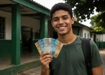 Estudante da EJA segura cédulas de real em frente a uma escola pública, representando o programa Pé-de-Meia.