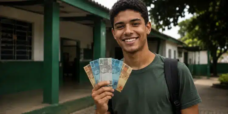 Estudante da EJA segura cédulas de real em frente a uma escola pública, representando o programa Pé-de-Meia.
